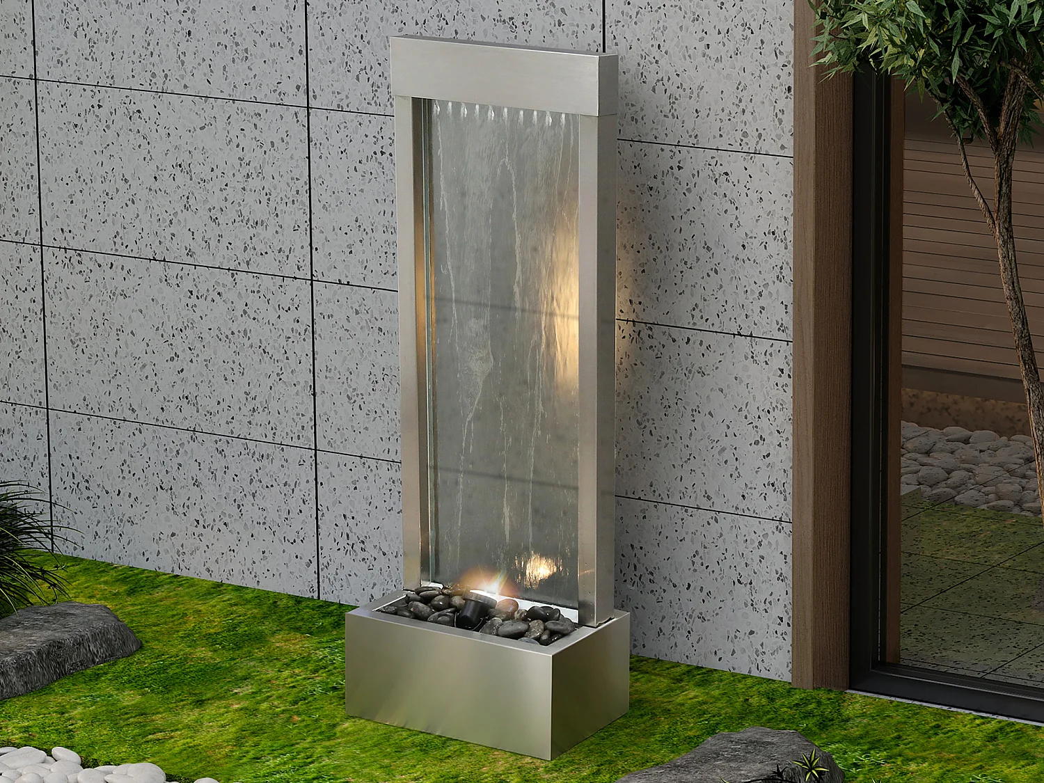 Buitenfontein van roestvrij staal en glas met ledverlichting - H108 cm - Zilverkleurig - PANGA