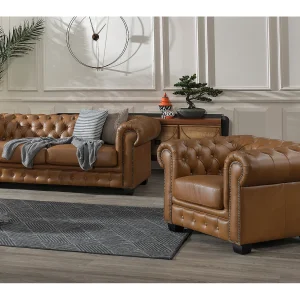 Chesterfield zitbank 3 + 1 plaatsen BRENTON 100% buffelleer – Vintage caramel – Koop nu