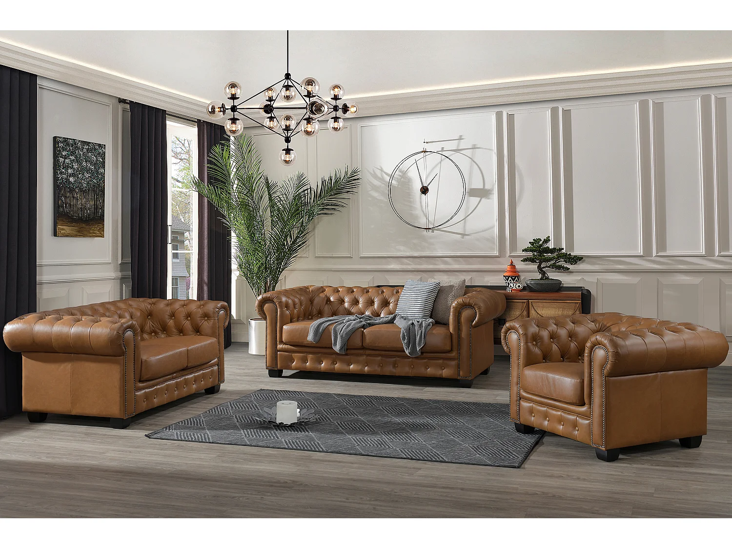 Chesterfield zitbank 3 + 2 + 1 plaatsen BRENTON 100% buffelleer - Vintage caramel