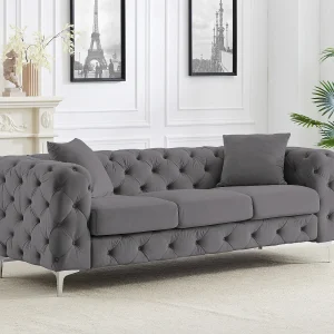 Driezits-Chesterfield-bank van antracietgrijs velours en metalen poten EDWINA Driezits-Chesterfield-bank van antracietgrijs velours en metalen poten EDWINA