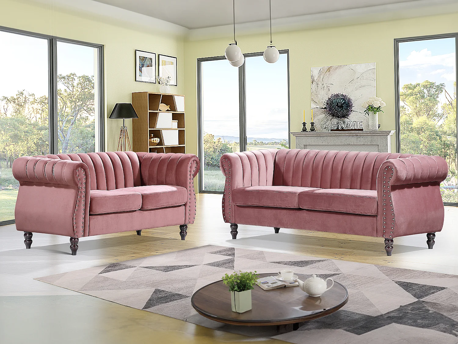 Tweezits- en driezits-Chesterfield-banken van oudroze velours TRUMBO