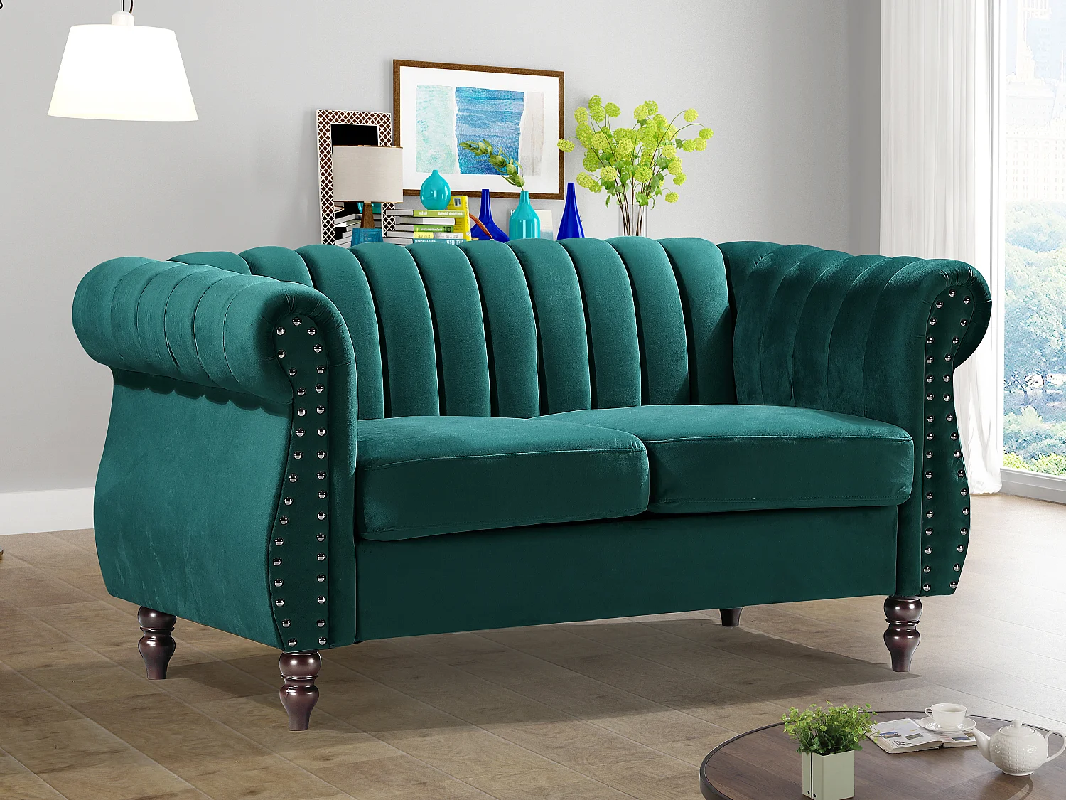 Tweezits-Chesterfield-bank van smaragdgroen velours TRUMBO