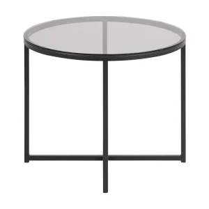 Cape bijzettafel Ø55 cm rookkleurig glas en mat zwart metaal. Cape bijzettafel Ø55 cm rookkleurig glas en mat zwart metaal.