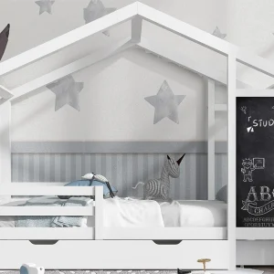 Cabinebed 90x200cm – massief hout – met schoolbord en 2 lades – Wit Cabinebed 90x200cm – massief hout – met schoolbord en 2 lades – Wit