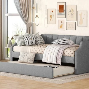 Cama nido de tela de lino con somier de láminas – 90x200cm – Gris Cama nido de tela de lino con somier de láminas – 90x200cm – Gris