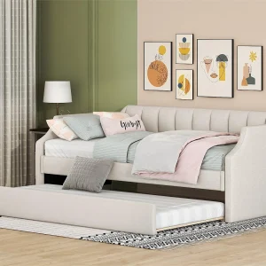 Cama nido de tejido de lino con somier de láminas – 90x200cm – Beige Cama nido de tejido de lino con somier de láminas – 90x200cm – Beige