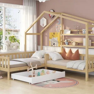 Cabinebed 90x200cm + 140x70cm in massief hout – met laden en planken + lattenbodem – Naturel Cabinebed 90x200cm + 140x70cm in massief hout – met laden en planken + lattenbodem – Naturel