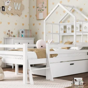 Cabinebed 90x200cm – massief hout – met ladder + lades + valbeveiliging – Wit Cabinebed 90x200cm – massief hout – met ladder + lades + valbeveiliging – Wit
