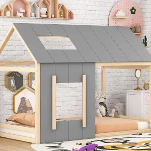 Kajuitbed 90 x 200 cm voor kinderen – grenen en MDF – kleuren: Naturel + Grijs Kajuitbed 90 x 200 cm voor kinderen – grenen en MDF – kleuren: Naturel + Grijs
