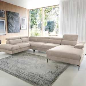 XXL hoekslaapbank met hoek rechts van beige velours SEPINA van Pascal Morabito XXL hoekslaapbank met hoek rechts van beige velours SEPINA van Pascal Morabito