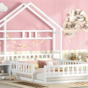 Cabine kinderbed 140x200cm met nachtkastje en beugels – lattenbodem – Wit Cabine kinderbed 140x200cm met nachtkastje en beugels – lattenbodem – Wit