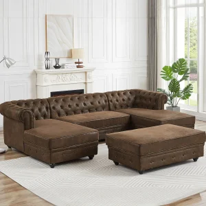 Brede hoekbank en poef van microvezel met verouderd leereffect CHESTERFIELD