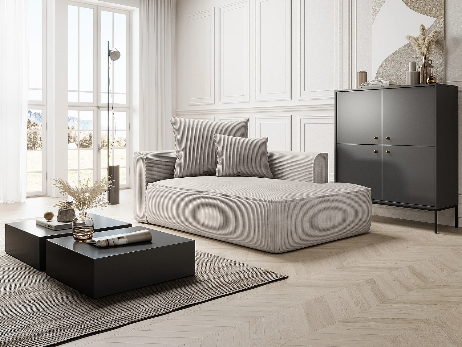 Chaise longue met hoek links van beige ribfluweel, design PINETA