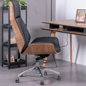 Bureaustoel met notenhout en bekleed met Italiaans leer Nordic H – Zwart Bureaustoel met notenhout en bekleed met Italiaans leer Nordic H – Zwart