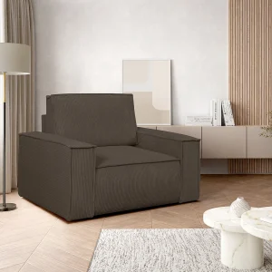 Rechte fauteuil van bruin ribfluweel met designstijl AMELIA Rechte fauteuil van bruin ribfluweel met designstijl AMELIA