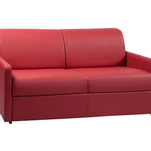 Slaapbank rood kunstleer traagschuim zitting 140 cm brede latten 18 cm CALIFE