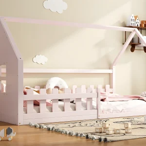 Cabinebed voor kinderen 90×200 cm – in de vorm van een huis – in grenenhout en MDF – Roze Cabinebed voor kinderen 90×200 cm – in de vorm van een huis – in grenenhout en MDF – Roze