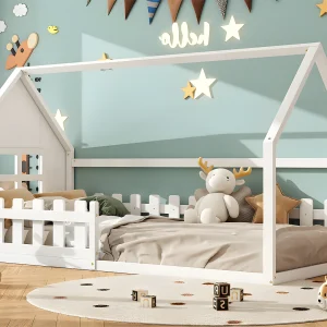 Cabinebed voor kinderen 90×200 cm – in de vorm van een huis – in grenenhout en MDF – Wit Cabinebed voor kinderen 90×200 cm – in de vorm van een huis – in grenenhout en MDF – Wit