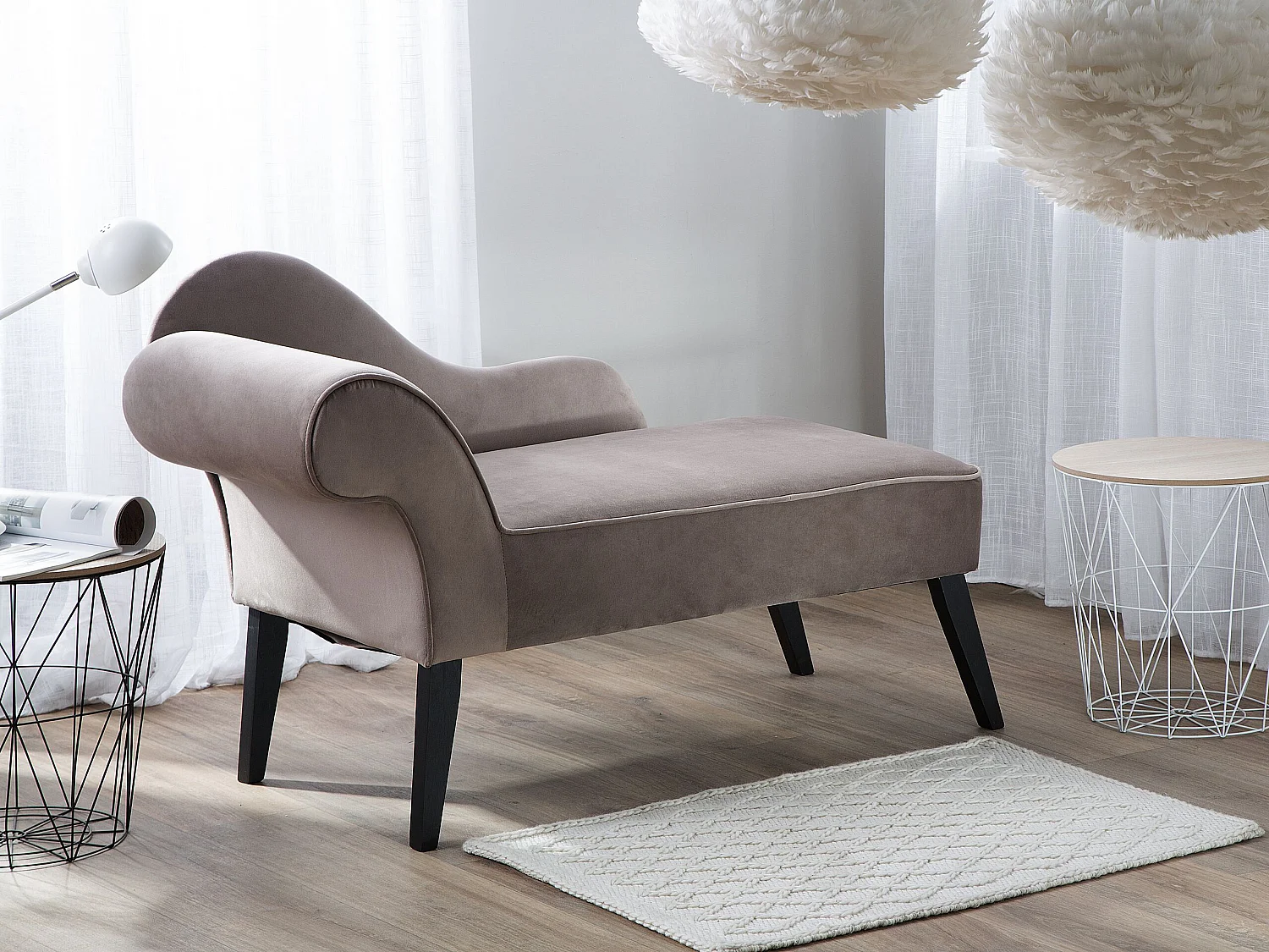 Chaise longue fluweel taupe linkszijdig BIARRITZ