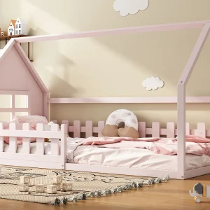 Cabinebed 90 x 200 cm, kinderbed met raam, grenenhout, lattenbodem, Roze Cabinebed 90 x 200 cm, kinderbed met raam, grenenhout, lattenbodem, Roze