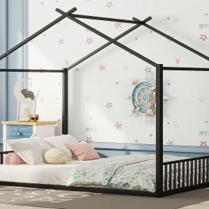 Cabinebed 140 x 200 cm met hoofdbord – kinderbed – metaal – lattenbodem – zwart Cabinebed 140 x 200 cm met hoofdbord – kinderbed – metaal – lattenbodem – zwart