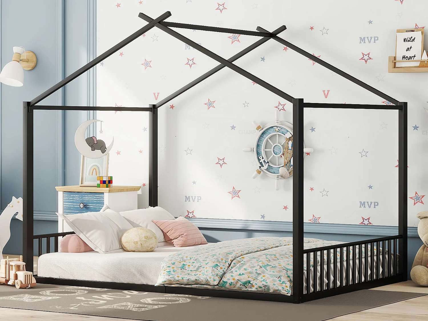 Cabinebed 140 x 200 cm met hoofdbord - kinderbed - metaal - lattenbodem - zwart
