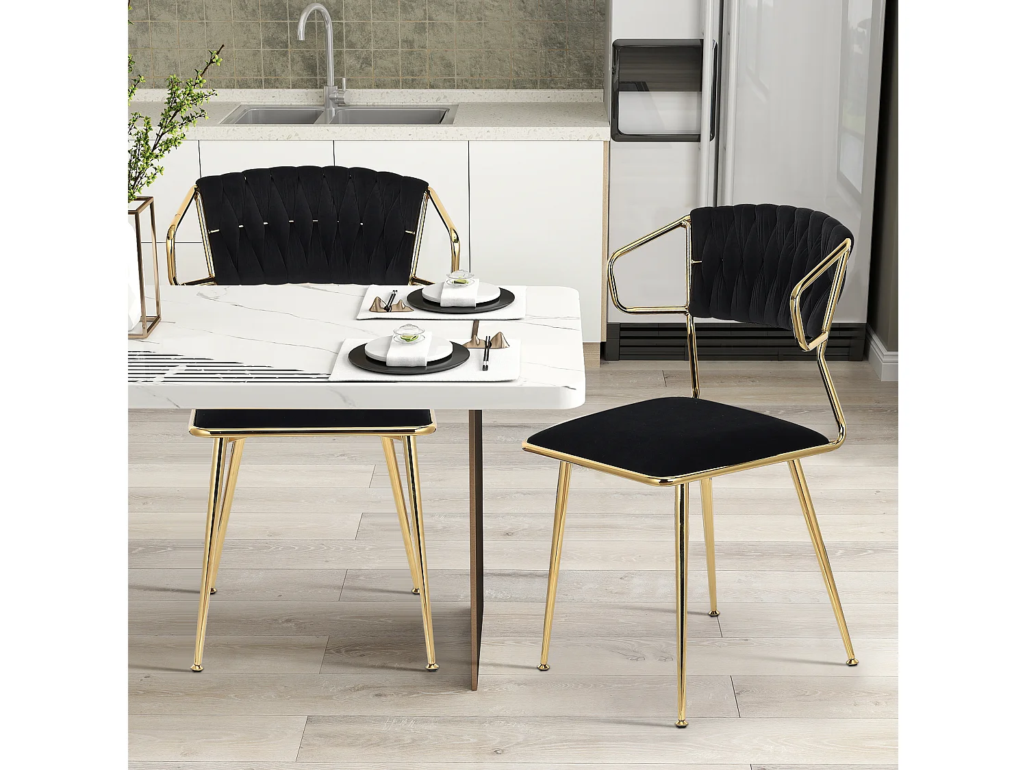 Set van 2 fluwelen en metalen stoelen - Keukenstoel voor restaurant en eetkamer - Zwart