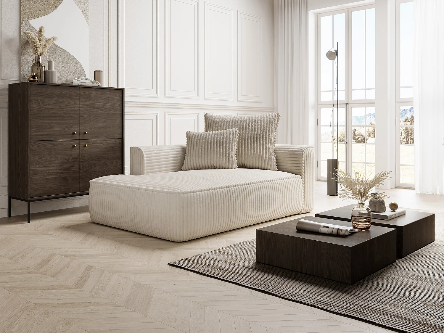 Chaise longue met hoek links van grof beige ribfluweel PINETA