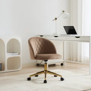 Bureaustoel met verstelbare hoogte in beige fluweel en goudkleurig metaal – PORIANI Bureaustoel met verstelbare hoogte in beige fluweel en goudkleurig metaal – PORIANI