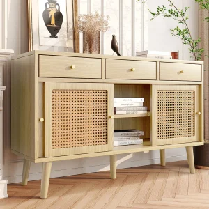 Buffet en rotin 120x40x78cm, avec 3 tiroirs et 3 portes coulissantes, pieds en bois massif, poignée en métal doré, étagères réglables Buffet en rotin 120x40x78cm, avec 3 tiroirs et 3 portes coulissantes, pieds en bois massif, poignée en métal doré, étagères réglables