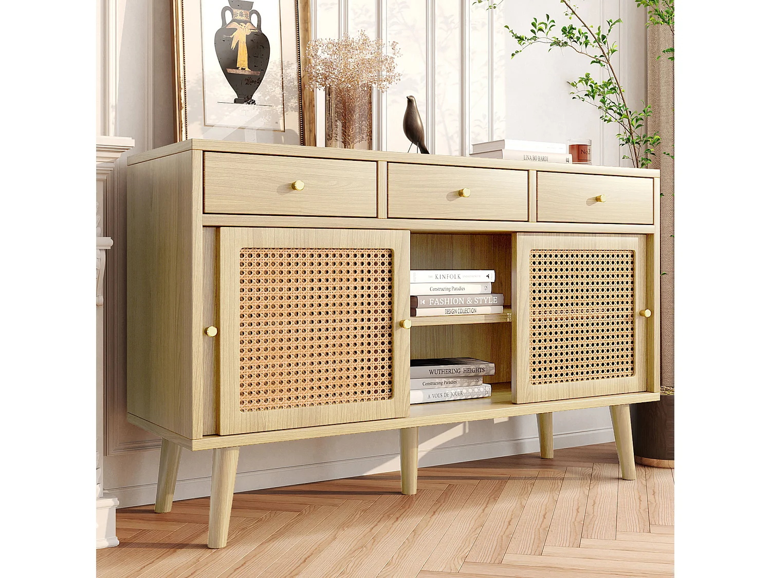 Buffet en rotin 120x40x78cm, avec 3 tiroirs et 3 portes coulissantes, pieds en bois massif, poignée en métal doré, étagères réglables