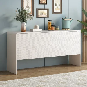 Buffet 4 portes, avec dispositif anti-recul, pour le salon et l'entrée, 152.5x40x76.5cm, blanc