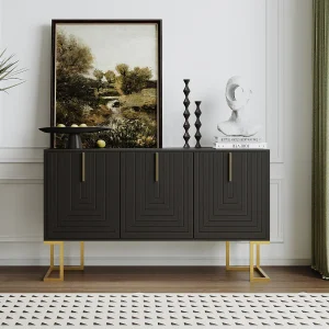 Buffet 138x40x80.5cm, armoire avec 3 portes, étagères réglables, portes en forme de U, base en métal, noir Buffet 138x40x80.5cm, armoire avec 3 portes, étagères réglables, portes en forme de U, base en métal, noir