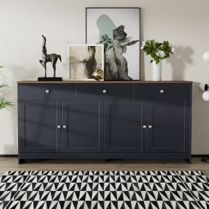 Buffet en bois blanc veiné 160 L x 37 B x 75H – Buffet avec 4 portes et 3 tiroirs pour salon, salle à manger – Couleur gris foncé Buffet en bois blanc veiné 160 L x 37 B x 75H – Buffet avec 4 portes et 3 tiroirs pour salon, salle à manger – Couleur gris foncé