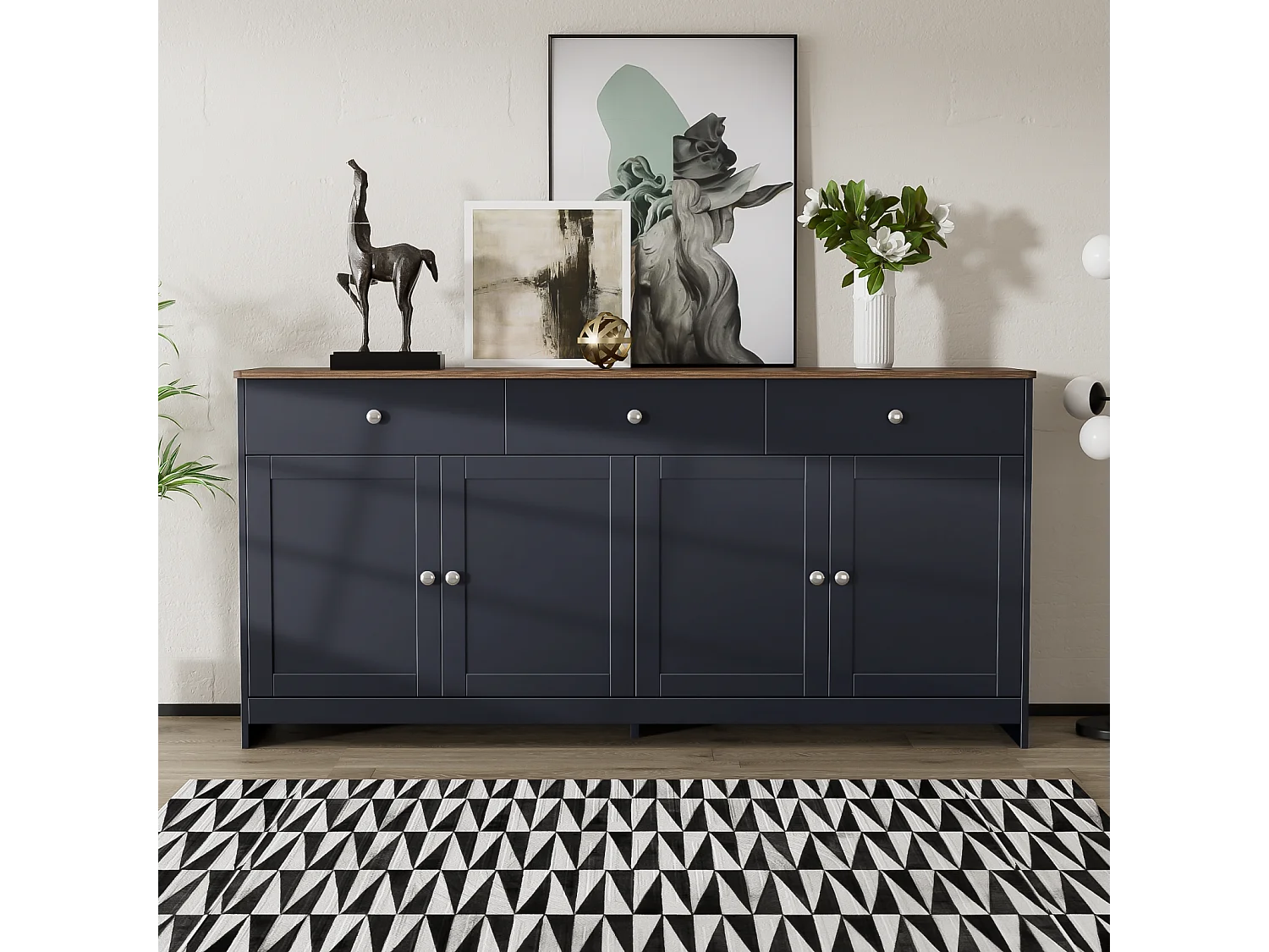 Buffet en bois blanc veiné 160 L x 37 B x 75H - Buffet avec 4 portes et 3 tiroirs pour salon, salle à manger - Couleur gris foncé