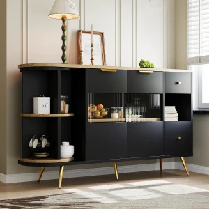 Buffet de cuisine 130x40x80cm, armoires de rangement de salon avec portes coulissantes en verre et lumières LED, MDF, noir