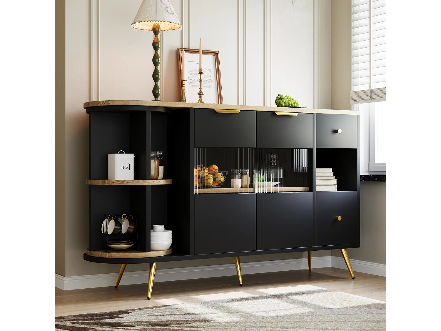 Buffet de cuisine 130x40x80cm, armoires de rangement de salon avec portes coulissantes en verre et lumières LED, MDF, noir