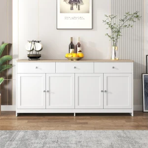 Buffet Moderne avec 4 Portes et 3 tiroirs, Buffet pour Salle à Manger et salon, 160 x 37 x 75 cm – Blanc Antique + Bois Naturel