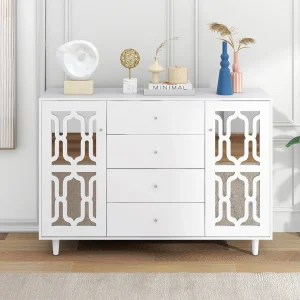 Buffet 147.5x40x102cm, avec 2 portes et 4 tiroirs, porte avec verre pour salon, salle à manger, blanc