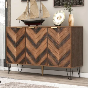 Buffet avec 3 portes – stylés et espace de rangement généreux – Petite armoire couleur bois+noir 120×76.5×38 cm