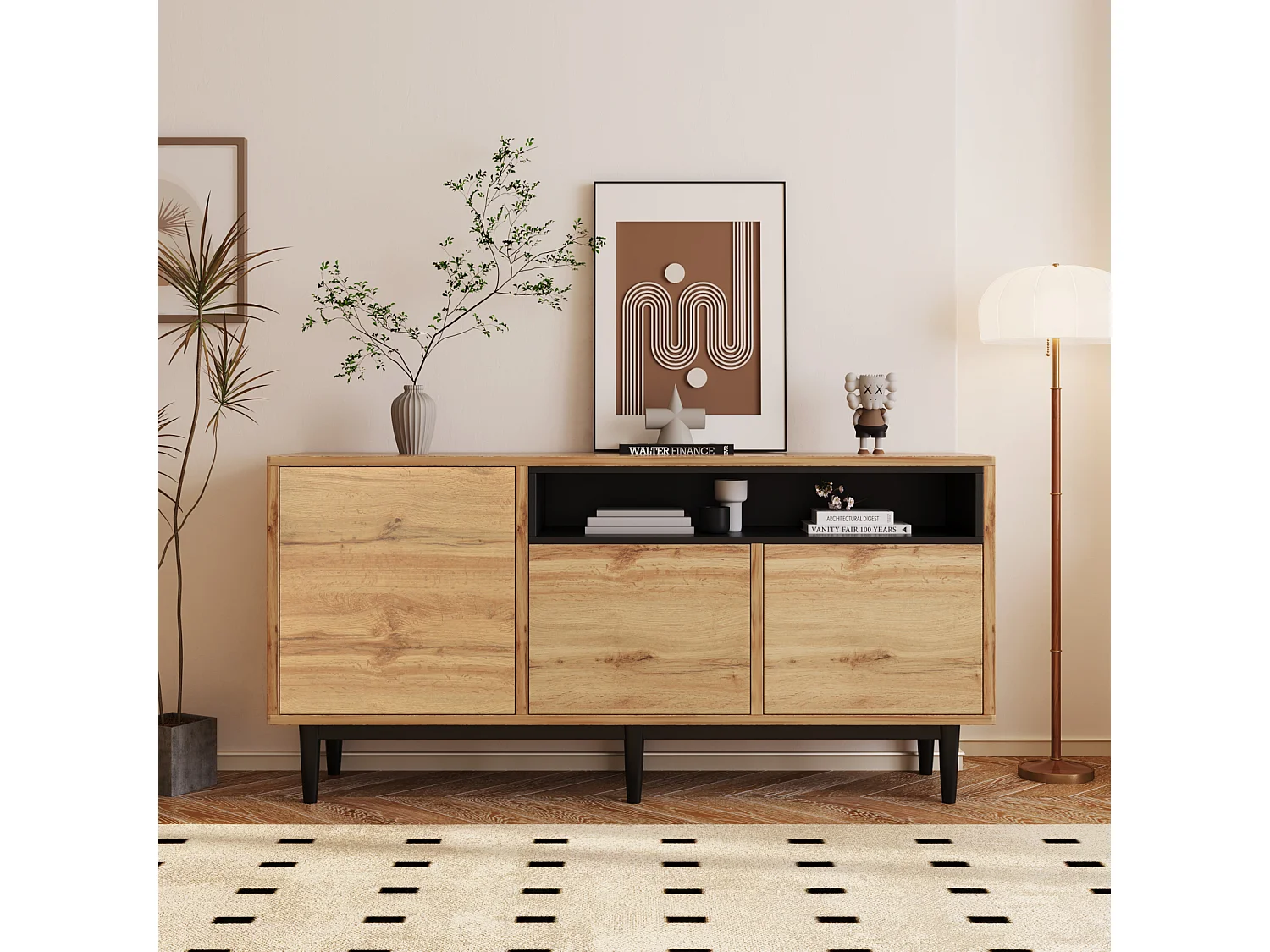 Buffet en bois avec trois portes et étagères 160 x 35 x 76 cm - Armoire TV design peu encombrant robuste et fiable