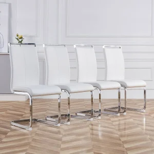 Sled Base Stoel Set van 4 – Chrome Metalen Basis Ondersteunt tot 120 kg Zachte vulling met kunstleren bekleding – Wit Sled Base Stoel Set van 4 – Chrome Metalen Basis Ondersteunt tot 120 kg Zachte vulling met kunstleren bekleding – Wit