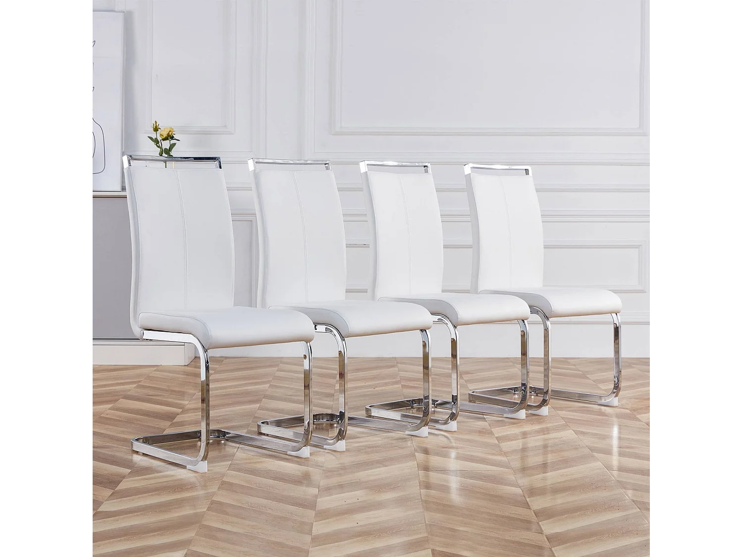 Sled Base Stoel Set van 4 - Chrome Metalen Basis Ondersteunt tot 120 kg Zachte vulling met kunstleren bekleding - Wit