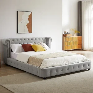 Chesterfieldbed 160 x 200 cm lichtgrijs velours – TONGERLA Chesterfieldbed 160 x 200 cm lichtgrijs velours – TONGERLA