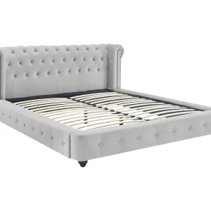 Chesterfieldbed 180 x 200 cm van lichtgrijs velours + matras – TONGERLA Chesterfieldbed 180 x 200 cm van lichtgrijs velours + matras – TONGERLA