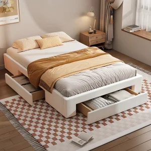 Cadre de lit avec 3 tiroirs, avec sommier à lattes, sans tête de lit, beige 140x200cm Cadre de lit avec 3 tiroirs, avec sommier à lattes, sans tête de lit, beige 140x200cm