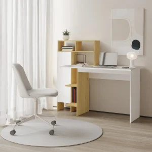 Bureau met 1 kast en 4 nissen, wit en naturel – MONTOLANIA Bureau met 1 kast en 4 nissen, wit en naturel – MONTOLANIA