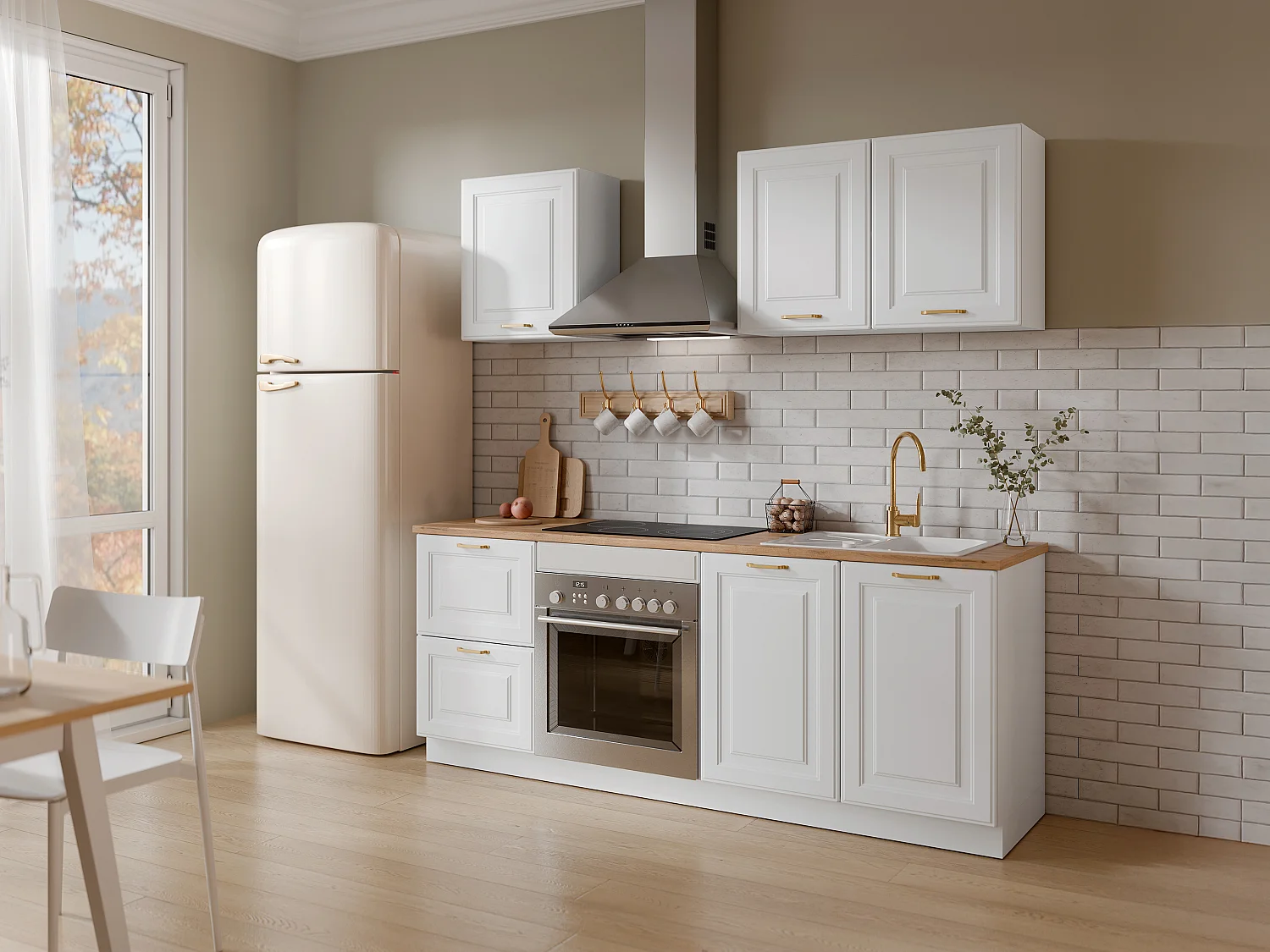 Complete keuken - Met werkblad 200 cm - Wit en naturel - CELOMIA