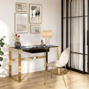 Bureau SALI – 1 lade – Gehard glas en staal – Zwart en goudkleurig – Koop nu online Bureau SALI – 1 lade – Gehard glas en staal – Zwart en goudkleurig – Koop nu online