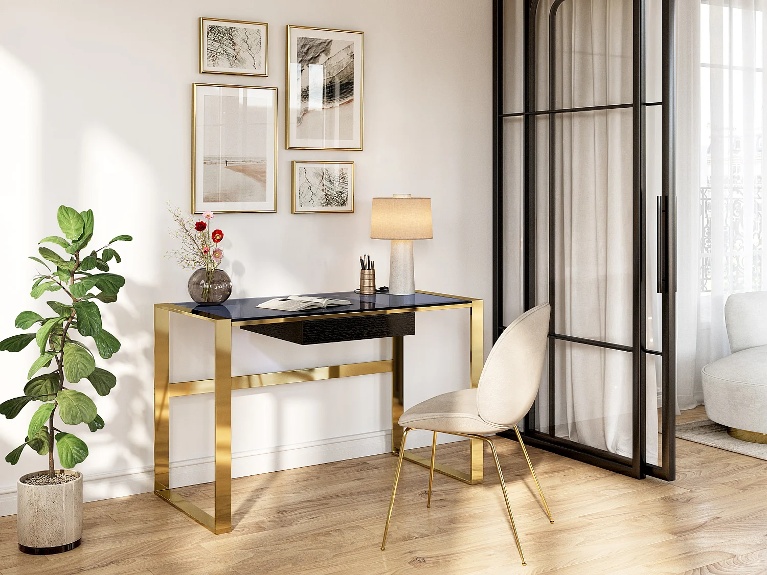 Bureau SALI - 1 lade - Gehard glas en staal - Zwart en goudkleurig - Koop nu online